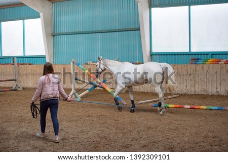 The woman training his horse in manege  Royalty-Free Stock Photo #1392309101