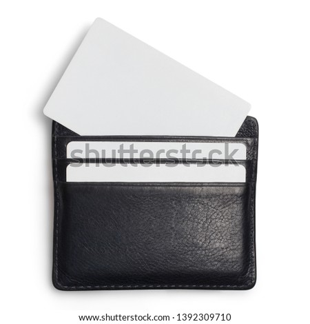Black leather wallet with blank cards, isolated on white background
