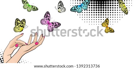 horizontal banner with female hands and bright butterflies on a white background
