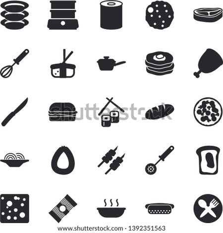 Solid vector icon set - saute flat vector, kitchen spoon, whisk, knives, double boiler, plates, spaghetti, chop, sausage, cheese, bread, canned food, hamburger, hot dog, pizza, soup, ham, shashlik