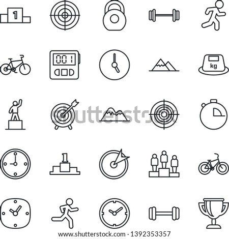 Thin Line Icon Set - pedestal vector, barbell, bike, run, heavy, clock, stopwatch, target, mountains, award cup
