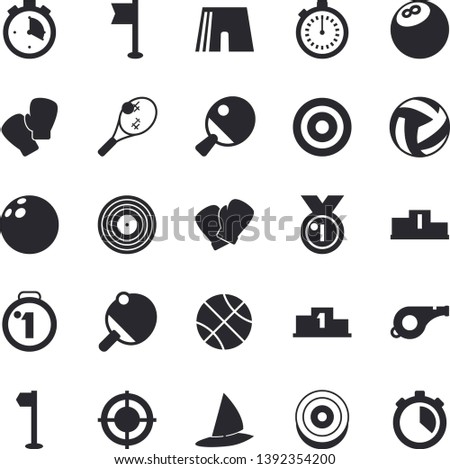 Solid vector icon set - target flat vector, medal, pedestal, whistle, bowling ball, basketball, volleyball, stopwatch, athletic shorts, sports flag, boxing gloves, table tennis, fector, windsurfing