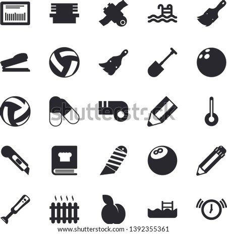Solid vector icon set - paint brush flat vector, stationery knife, cookbook, blender, temperature, plum, shovel, bench, radiator, barcode, pencil, stapler, satellit, bowling ball, volleyball, pills