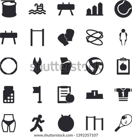 Solid vector icon set - pedestal flat vector, volleyball, diet, achievement chart, buttocks, waistline, vitamins, parallel bars, sports equipment horse, flag, tennis ball, fitball, boxing gloves