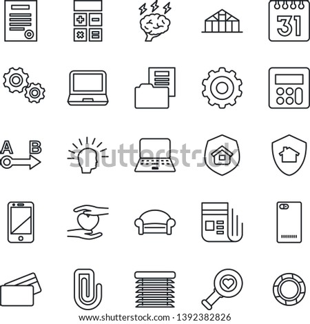 Thin Line Icon Set - waiting area vector, gear, calculator, notebook pc, brainstorm, greenhouse, heart diagnostic, hand, route, news, cell phone, laptop, back, calendar, paper clip, document folder