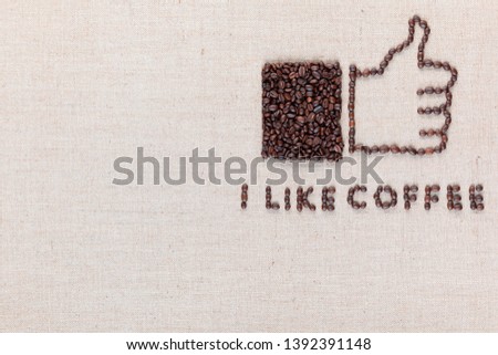 I like coffee letters and a thumbs up icon, made from roasted coffee beans on creamy linen canvas, aligned top right.