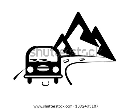 The bus goes to the mountains. Graphic wall sticker. Road label. Monochrome illustration for print poster, stickers on cars. Travel emblem about travel. Vector card with transport