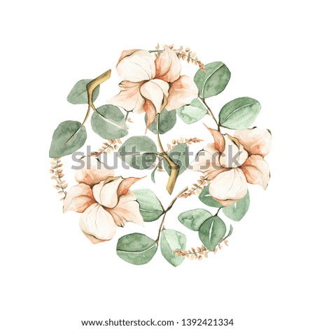 Watercolor round clipart of magical flowers and leaves. Tropical plants. Ideal for cards, stationery or logo