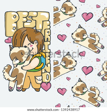 Best friend. Set of cute cartoon animal and seamless pattern. Raster clip art illustration for children design, cards, prints, coloring books