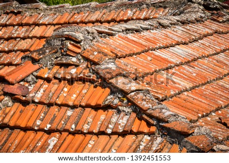 Old fashioned style roof tiles on rural building