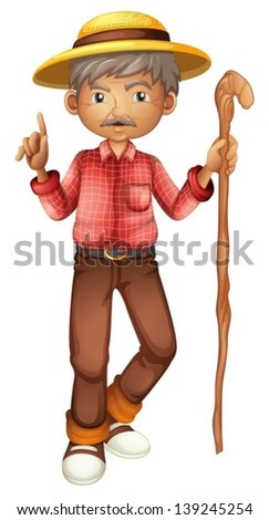 Illustration of an old man holding a stick on a white background