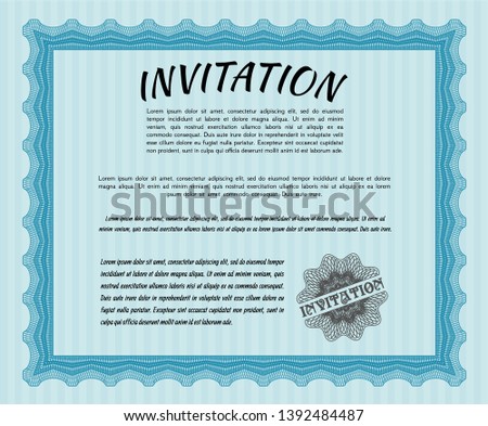 Light blue Vintage invitation. With guilloche pattern. Elegant design. Vector illustration. 