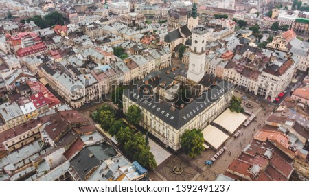 aerial view of center of old european city with beautiful architecture. copy space