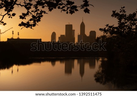 Indianapolis skyline in early morning with reflections in the river