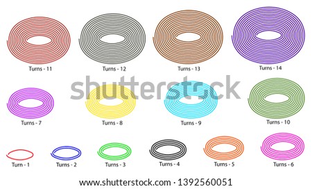 14 Elliptical spiral vector illustration that each have the different length of line, turns and colors. 