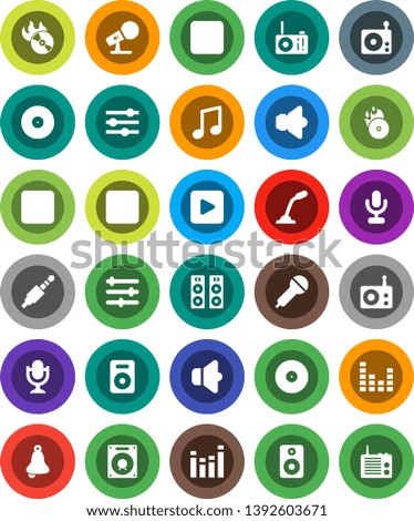 White Solid Icon Set- bell vector, music, disk, hit, microphone, radio, speaker, equalizer, play button, forward, backward, rec, jack