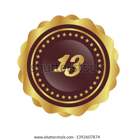 Gold button with 13 years anniversary . emblem, label, badge,sticker, logo. Designed for celebration or anniversary 