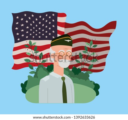 veteran military man with usa flag in the field
