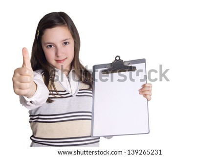 Business young girl with notepad showing OK sign Isolated on white background