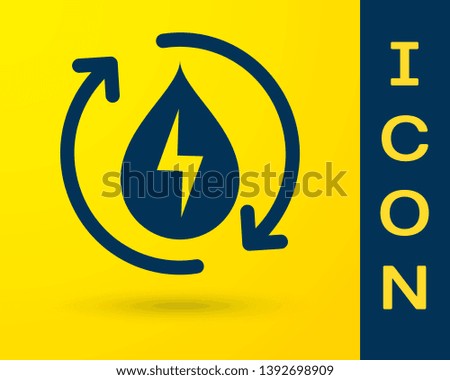 Blue Recycle clean aqua icon isolated on yellow background. Water recycling energy symbol. Drop of water with recycling. Water refresh arrows. Vector Illustration
