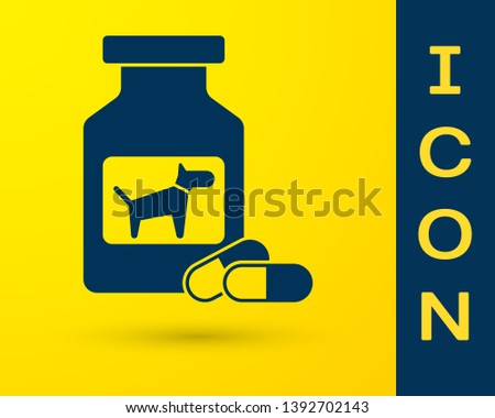 Blue Dog medicine bottle and pills icon isolated on yellow background. Container with pills. Prescription medicine for animal. Vector Illustration