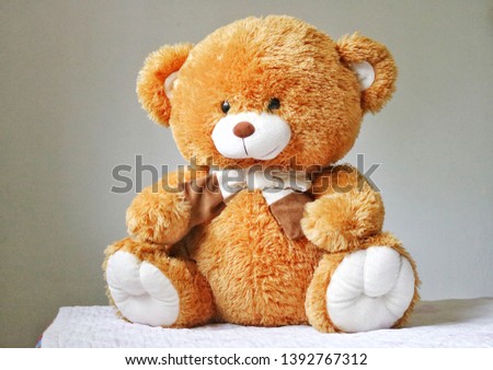 teddy bear sitting on the bed, cute doll animal for kid