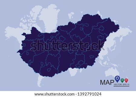 A Map of the country of Hungary, High detailed blue vector map - Hungary, Blue gradient Hungary map. Detailed, Mercator projection. Hungary country map,border. - Vector