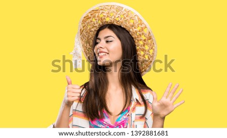 Teenager girl on summer vacation counting six with fingers over isolated yellow background