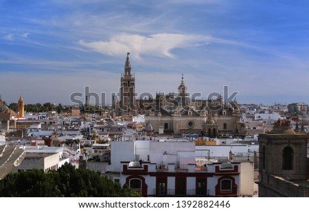 The aerial view of the roofs and the cathedral of Seville, Andalusia, Spain.