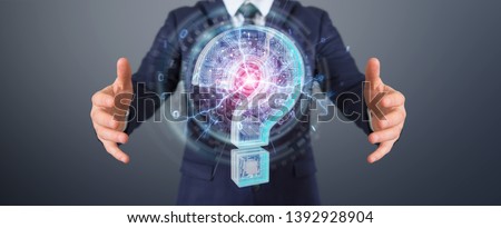 Businessman on blurred background solving problem with digital question marks 3D rendering