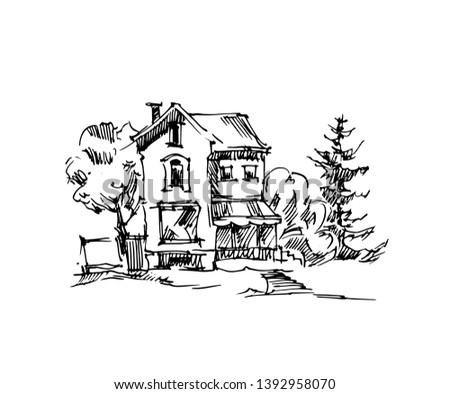 Vector sketch of houses and trees. Rural village. Small old town illustration. Isolated vector drawing. Ink artwork.