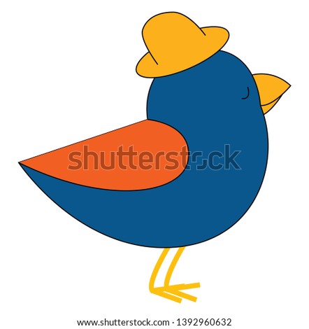 Cartoon blue-colored bird in a brown summer hat and stout beak  orange plumage  stands with its yellow feet while eyes closed.  vector  color drawing or illustration