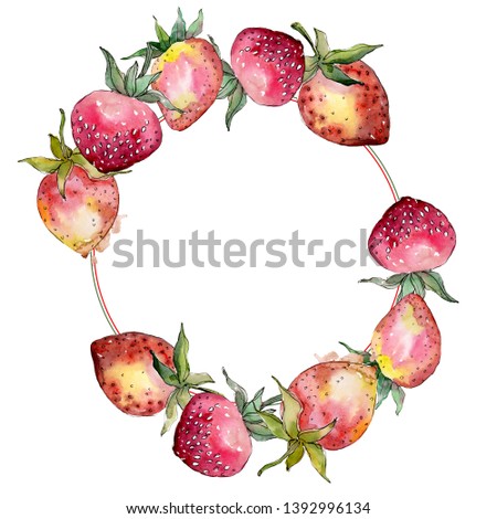 Strawberry healthy food. Watercolor background illustration set. Watercolour drawing fashion aquarelle isolated. Frame border ornament square.