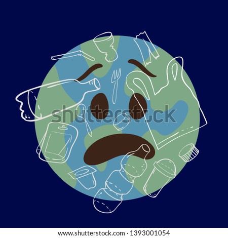 Planet emoji in awe abused by plastic waste and debris such as bottles, bags, containers, straws, caps - consept of global environment plastic pollution cartoon vector illustration
