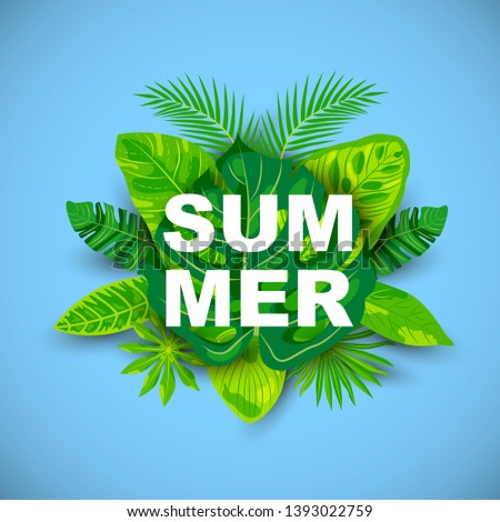 Green summer tropical background with exotic leaves. Design element on background for poster, web, flyers, invitation, postcard. Summer concept vector illustration.