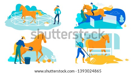 Set Work on Horse Farm, Care and Training Cartoon. Horse is Running Along Walled Arena, Woman Standing Nearby. Man Washes and Feeds Horse. Jockey Galloping Horseback. Vector Illustration.