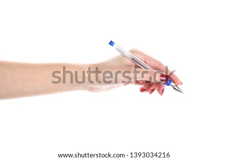Female hands hold a pen isolated on white background. Ball pen