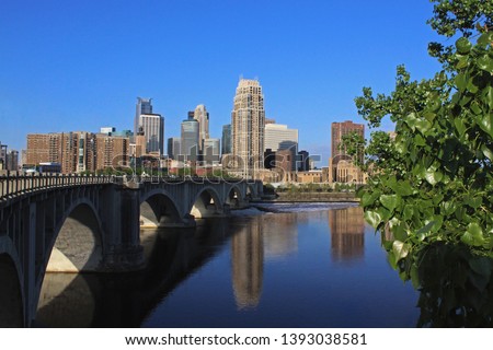Skyline and bridge reflected in the Mississippi River, tree in foreground