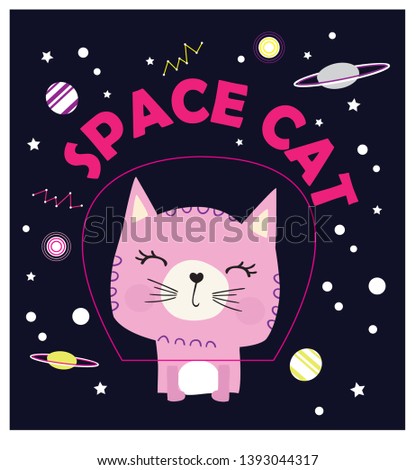 Cute animal drawing for kids fashion. Space cat.