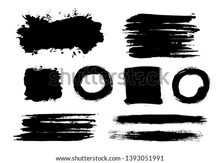 Brush strokes. Vector paintbrush set. Circle grunge design elements. Rectangle and square text boxes. Thin dirty distress texture banners. Ink splatters. Grungy painted lines.