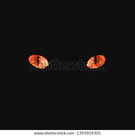 A cat's red eyes glow brightly in the dark, conveying an atmosphere of menace and fear