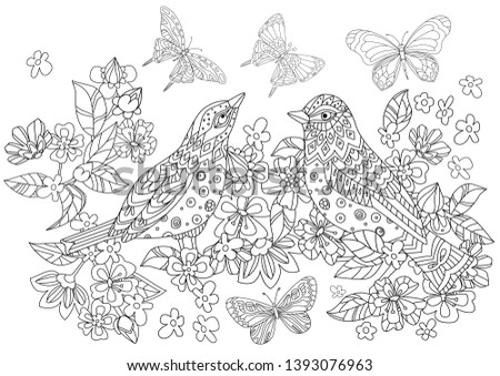 couple of birds in spring flowers and butterflies for your coloring book
