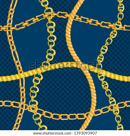 Seamless pattern with retro hand-drawn sketch golden chain on blue dark background Drawing engraving texture. Great design for fashion, textile, decorative frame, yacht style card. Vector illustration