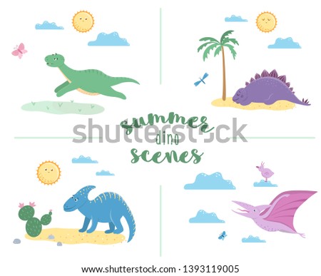 Summer scenes with cute dinosaurs. Illustration with dinos playing, sleeping, sunbathing, running. Funny prehistoric reptiles illustration for children
