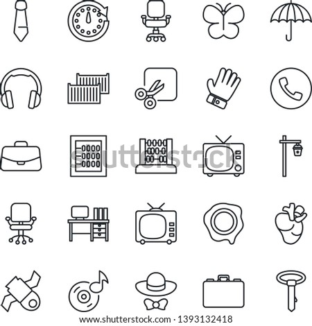 Thin Line Icon Set - phone vector, tv, office chair, case, abacus, desk, tie, stamp, glove, butterfly, garden light, real heart, satellite, cargo container, umbrella, headphones, cut, music, clock