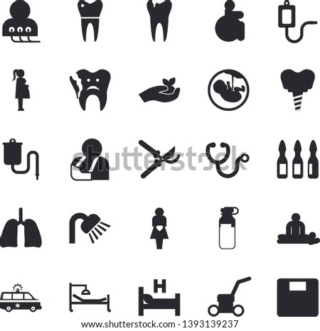 Solid vector icon set - shower flat vector, secateurs, seedlings, lawn mower, medical warmer, disabled, stethoscope, hospital bed, massage, injury, ambulance, diagnostics, ampoule, embryo, gestation