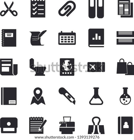 Solid vector icon set - toilet flat vector, stationery knife, scissors, chemistry, calendar, bags, news, book balance accounting, notebook, to do list, paper tray, copy machine, stamp, notepad, clip