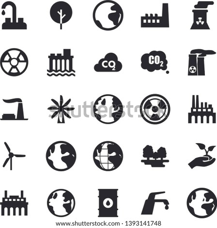 Solid vector icon set - faucet flat vector, tree, seedlings, windmill, earth, factory, oil tanks, forest, hydroelectric power station, manufactory, plant, radiation, carbon dioxide, nuclear, fector
