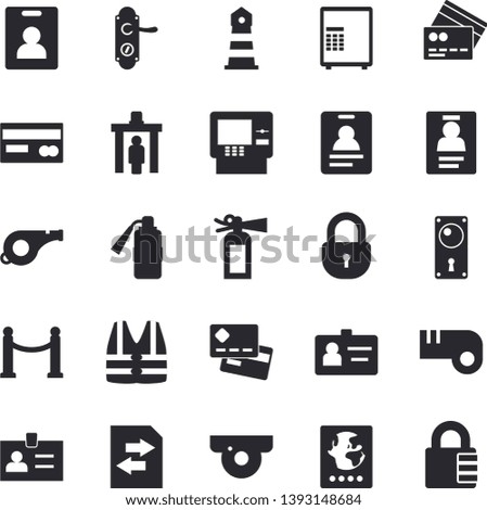 Solid vector icon set - door lock flat vector, lighthouse, credit card, badge, whistle, indentity fector, VIP area, control gate, passport, cash dispenser, surveillance camera, safe, life vest