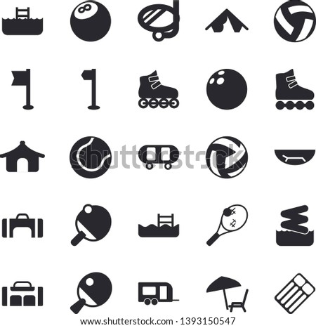 Solid vector icon set - bowling ball flat vector, skateboard, volleyball, sports flag, tennis, roller Skates, pool, table, sport bag, trailer fector, tent, sea beach, chaise lounge, swimming mask